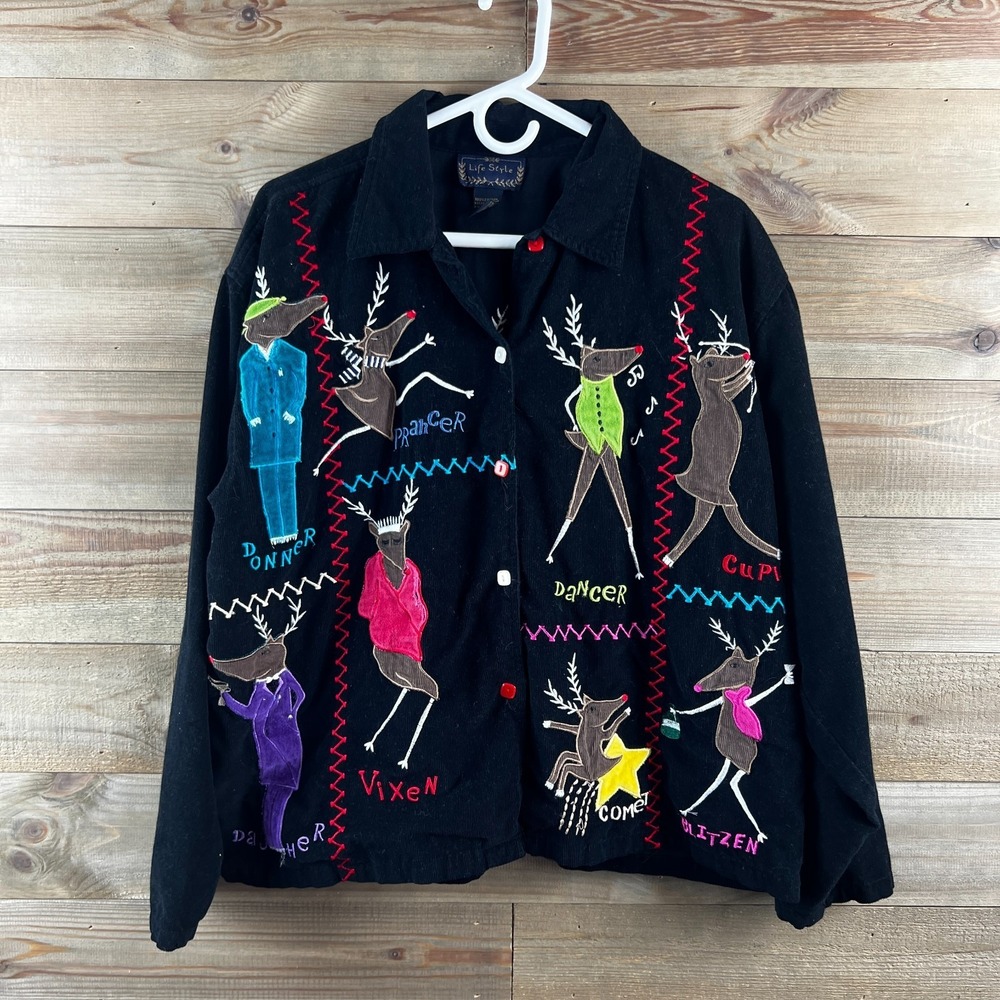 Life Style Womens Shirt Button Up Corduroy Christmas Reindeer Party Black‎ Large